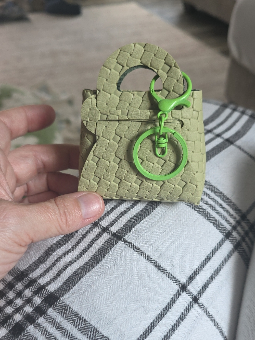 Mini Woven Accent Handbag Keychain - Light Olive with Lime Green Hardware